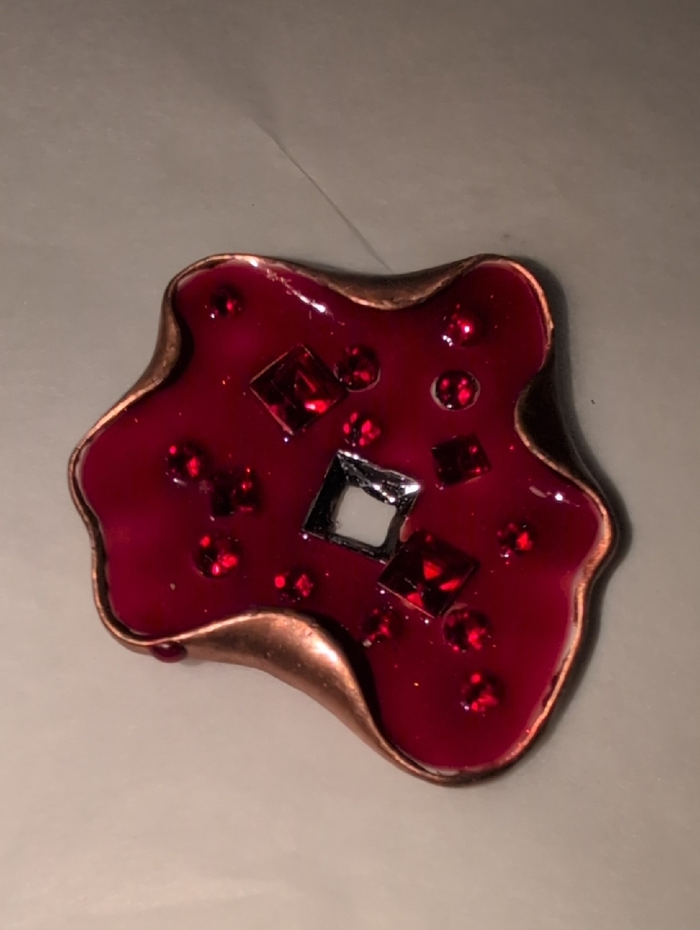 🥀3/$25🥀 Red Enamel Flower Bronze Pendant with Red Rhinestones